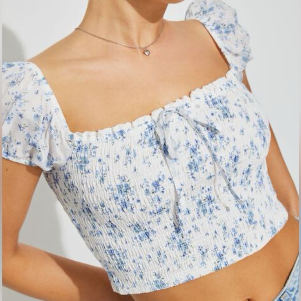Floral Blue and White Smocked Crop Top